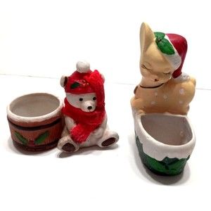 Pair of Christmas Trinket Holders Fawn 4 Inches & Bear 3.5 Inches  Animals Vtg.